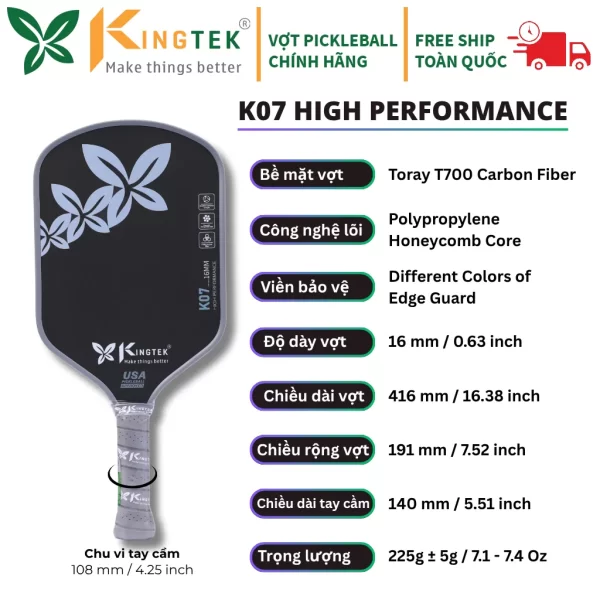 Vợt Pickleball Kingtek K07 High Performance 16mm – Chính Hãng