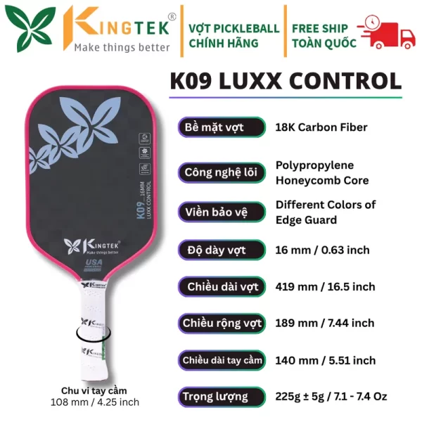 Vợt Pickleball Kingtek K09 Luxx Control 16mm