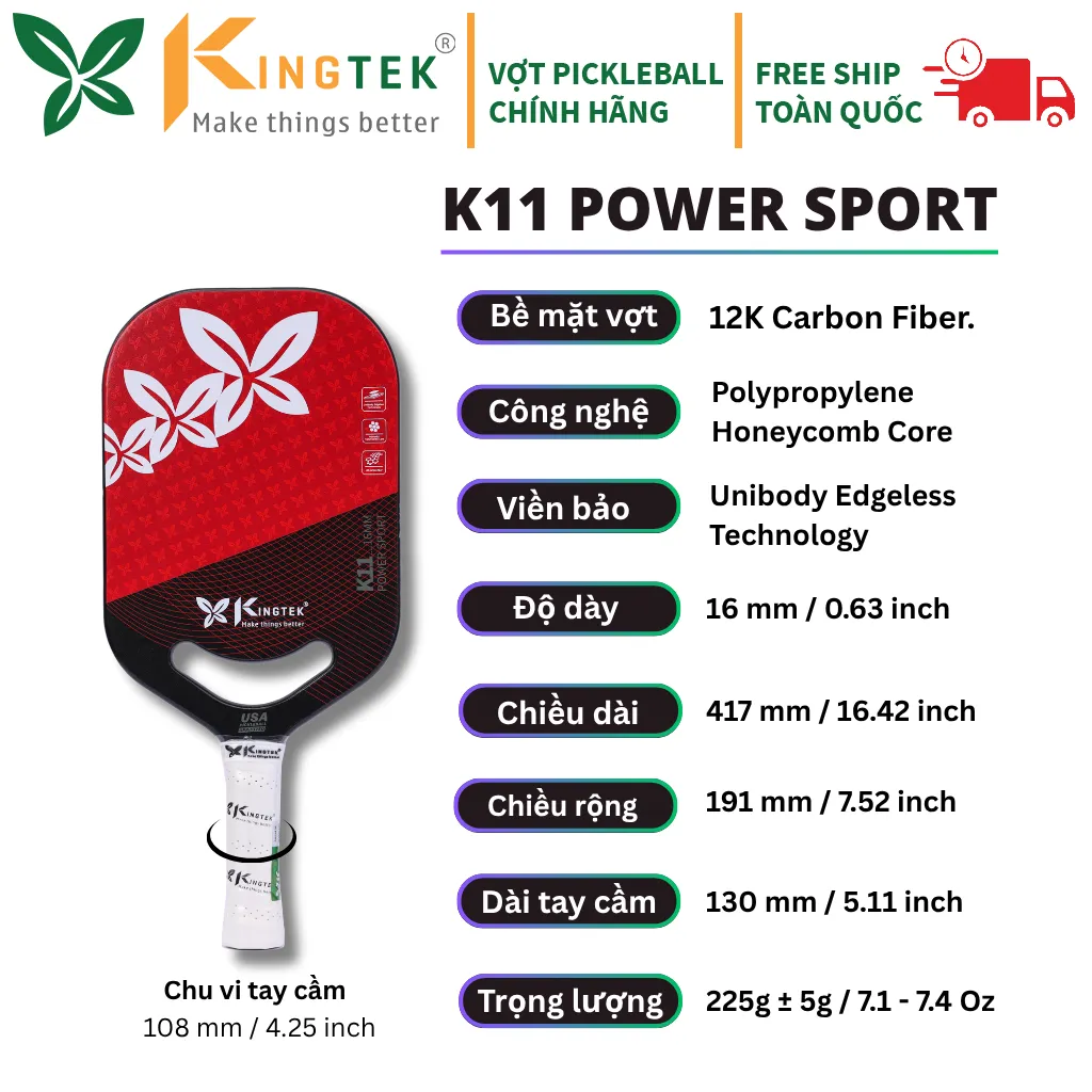 Vợt Pickleball Kingtek K11 Power Sport 16mm Màu Đỏ (K1116-Red) – Cao Cấp