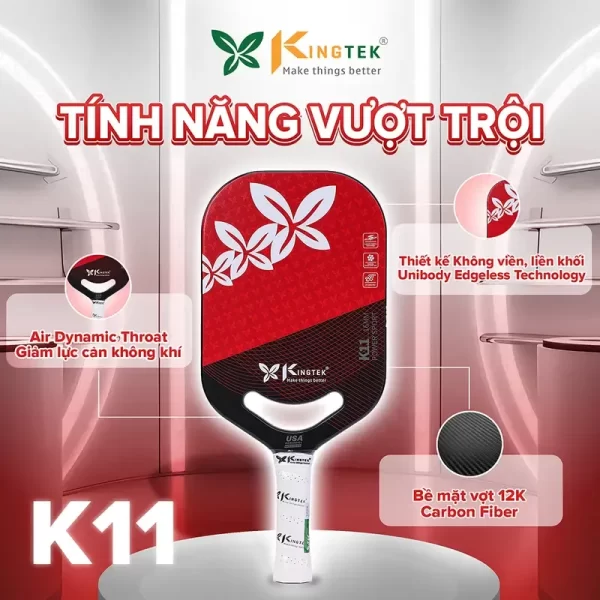 Vợt Pickleball Kingtek K11 Power Sport 16mm Màu Đỏ (K1116-Red) – Cao Cấp